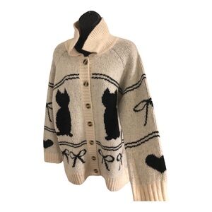 Cream and black Cat printed oversized coatigan cardigan‎ sweater size Small new